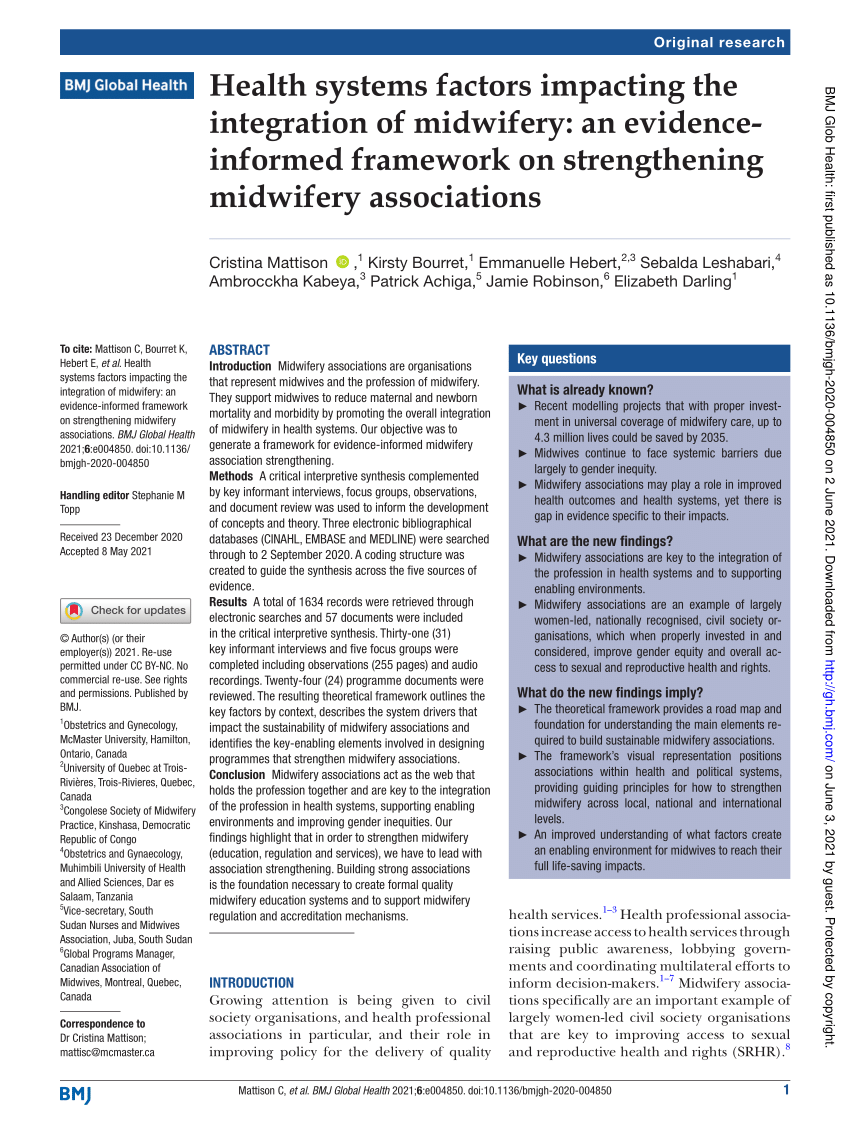 Pdf Health Systems Factors Impacting The Integration Of Midwifery An Evidence Informed 6450