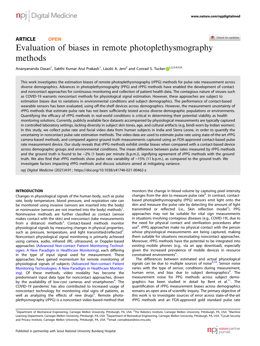 PDF) Evaluation of biases in remote photoplethysmography methods