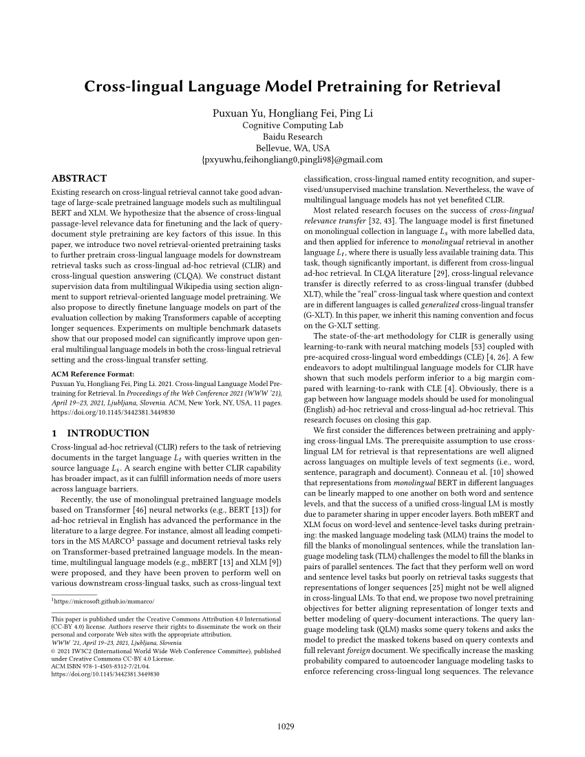 Pdf Cross Lingual Language Model Pretraining For Retrieval