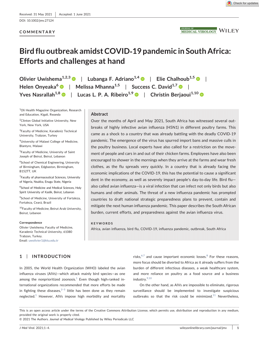 (PDF) Bird Flu Outbreak Amidst COVID‐19 Pandemic in South Africa