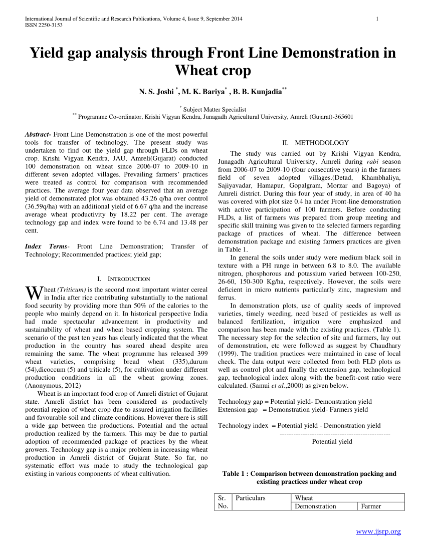 PDF) Yield gap analysis through Front Line Demonstration in Wheat crop