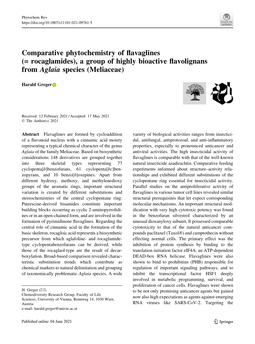 PDF] Comparative phytochemistry of flavaglines (= rocaglamides), a group of  highly bioactive flavolignans from Aglaia species (Meliaceae)