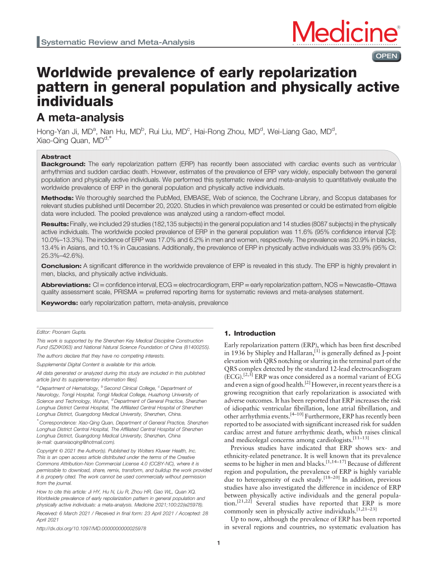 PDF) Worldwide prevalence of early repolarization pattern in general  population and physically active individuals: A meta-analysis