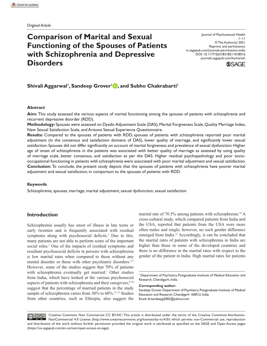 Pdf Comparison Of Marital And Sexual Functioning Of The Spouses Of Patients With Schizophrenia