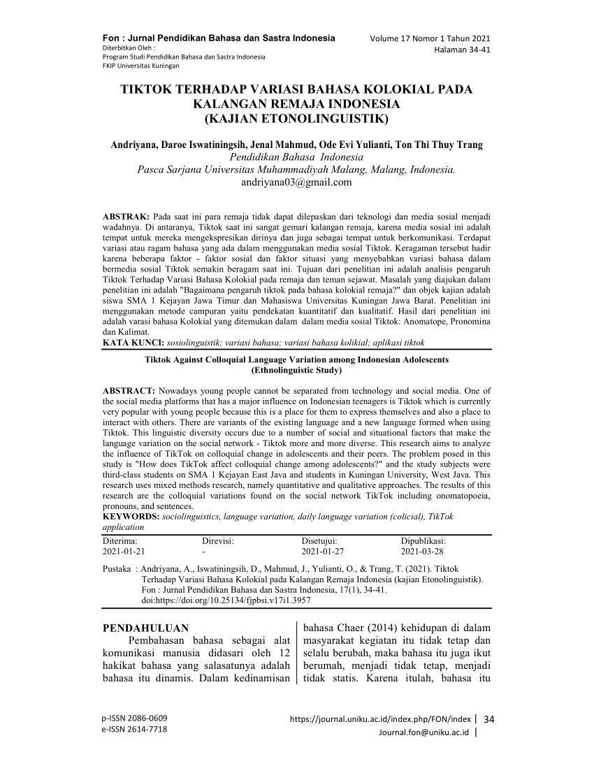 (PDF) TIKTOK TERHADAP VARIASI BAHASA KOLOKIAL PADA KALANGAN REMAJA