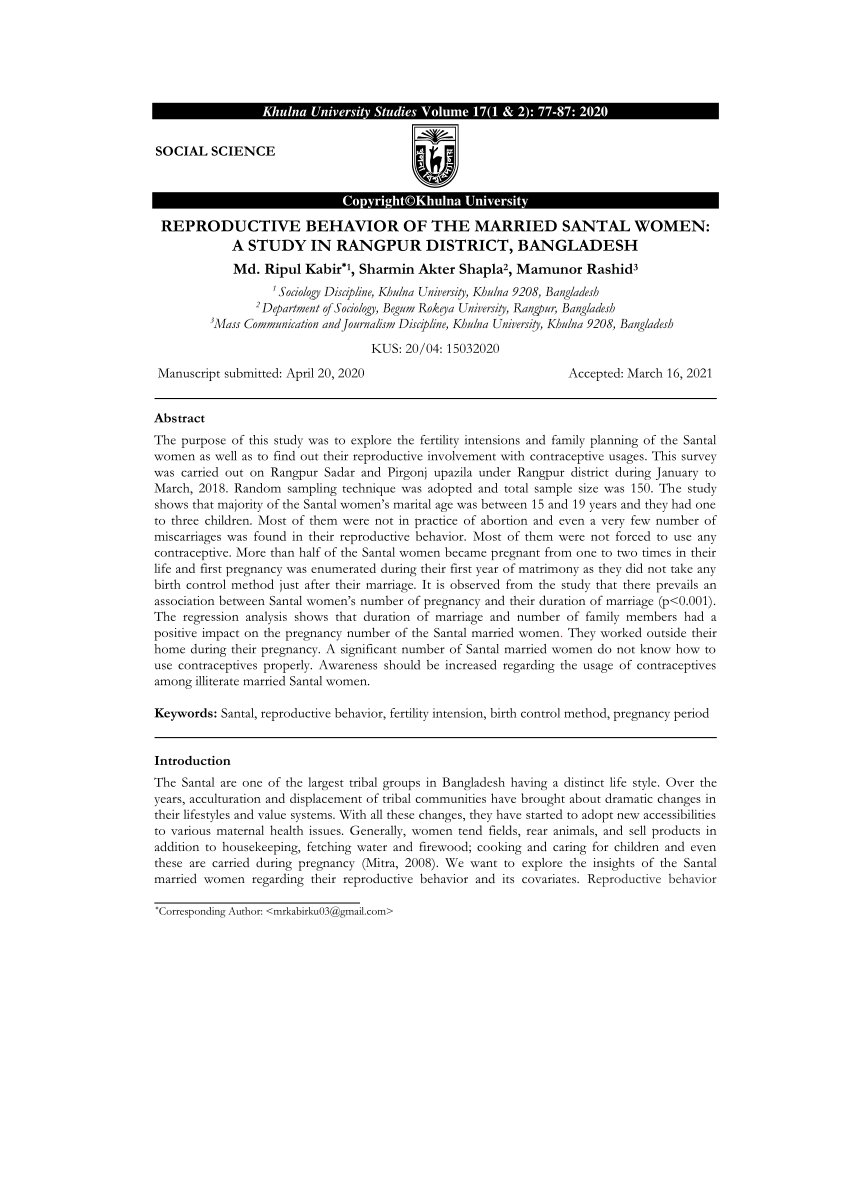 PDF) REPRODUCTIVE BEHAVIOR OF THE MARRIED SANTAL WOMEN A STUDY IN RANGPUR DISTRICT, BANGLADESH