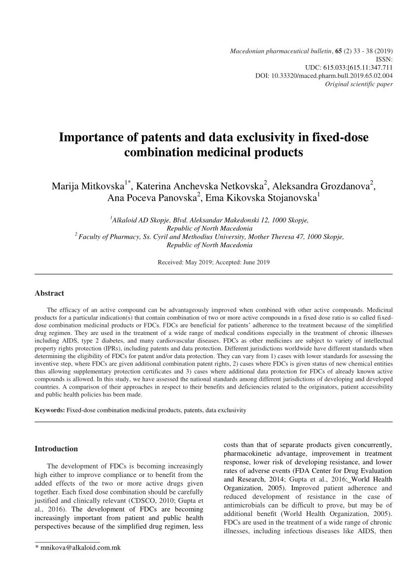 Pdf Importance Of Patents And Data Exclusivity In Fixed Dose Combination Medicinal Products 3902