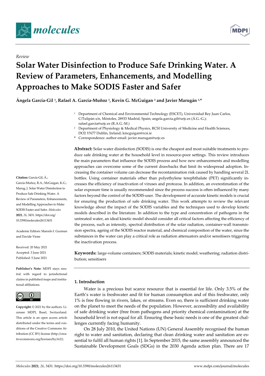 Pdf Solar Water Disinfection To Produce Safe Drinking Water A Review Of Parameters Enhancements And Modelling Approaches To Make Sodis Faster And Safer