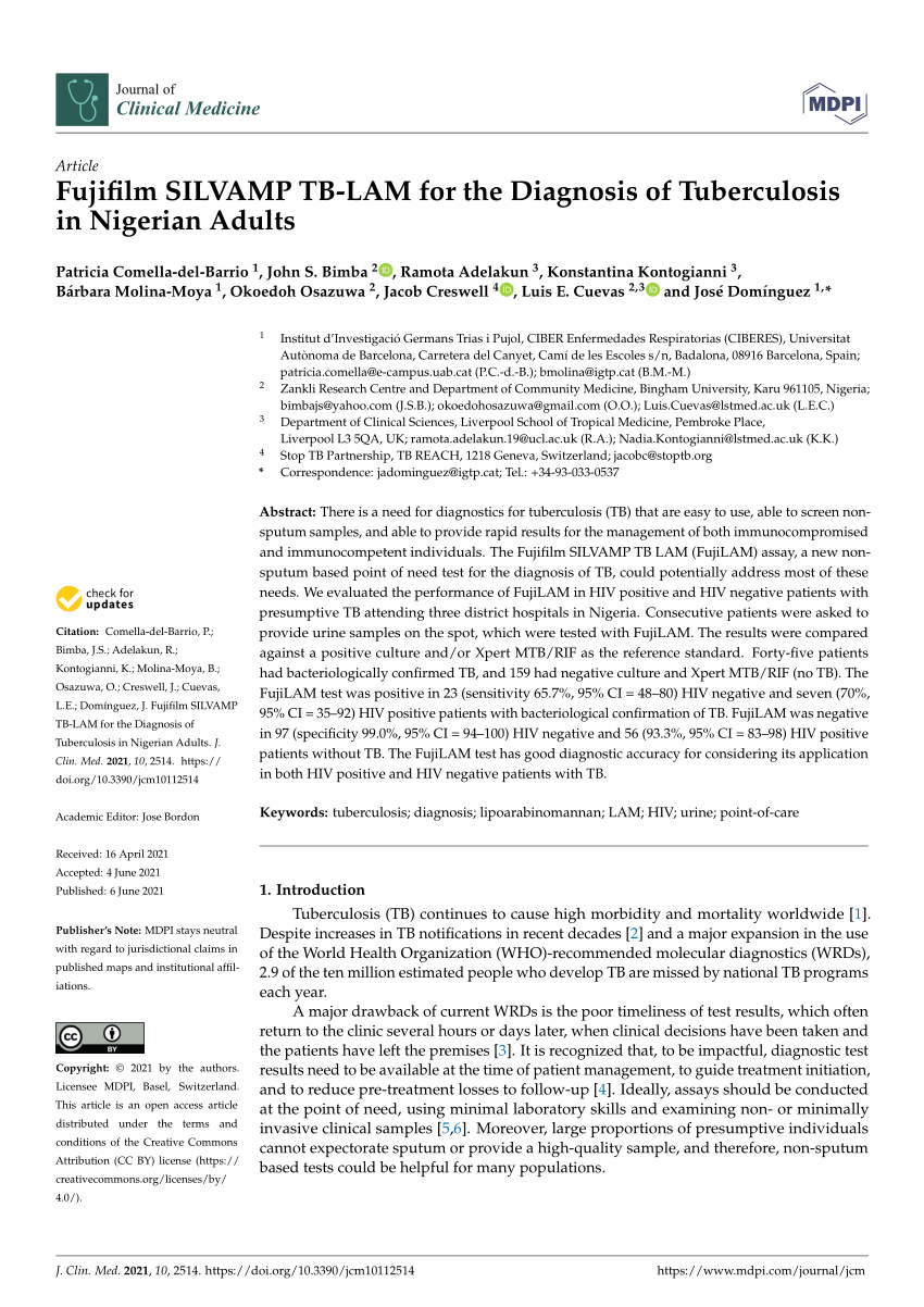 Pdf Fujifilm Silvamp Tb Lam For The Diagnosis Of Tuberculosis In Nigerian Adults 