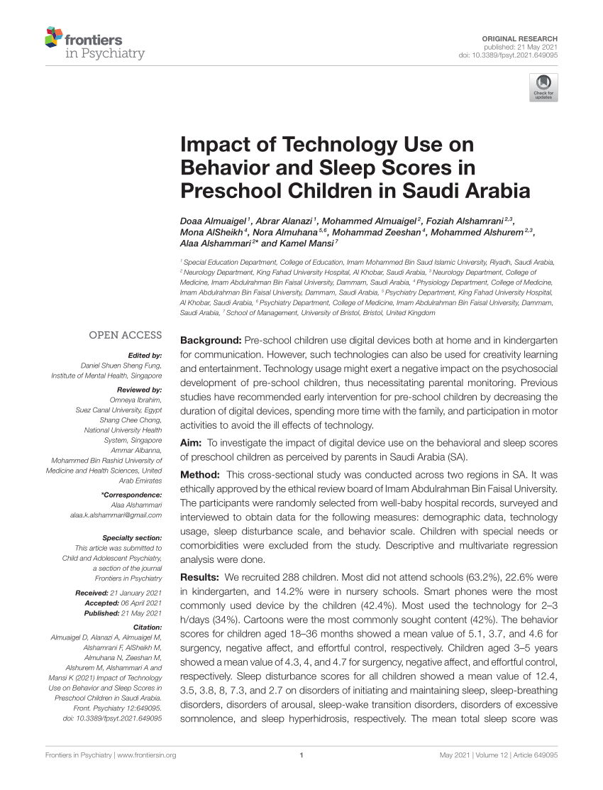 PDF) Impact of Technology Use on Behavior and Sleep Scores in Preschool  Children in Saudi Arabia