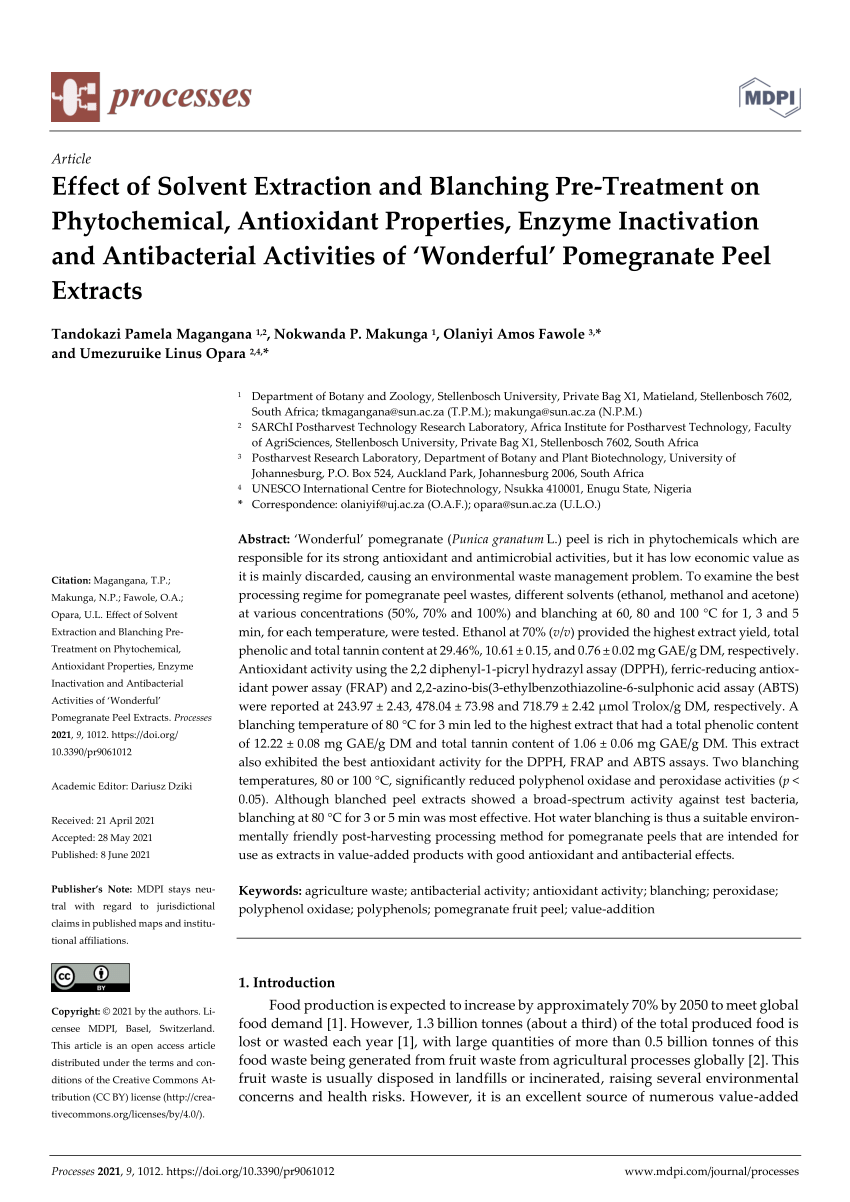 PDF) Effect of Solvent Extraction and Blanching Pre-Treatment on  Phytochemical, Antioxidant Properties, Enzyme Inactivation and  Antibacterial Activities of 'Wonderful' Pomegranate Peel Extracts