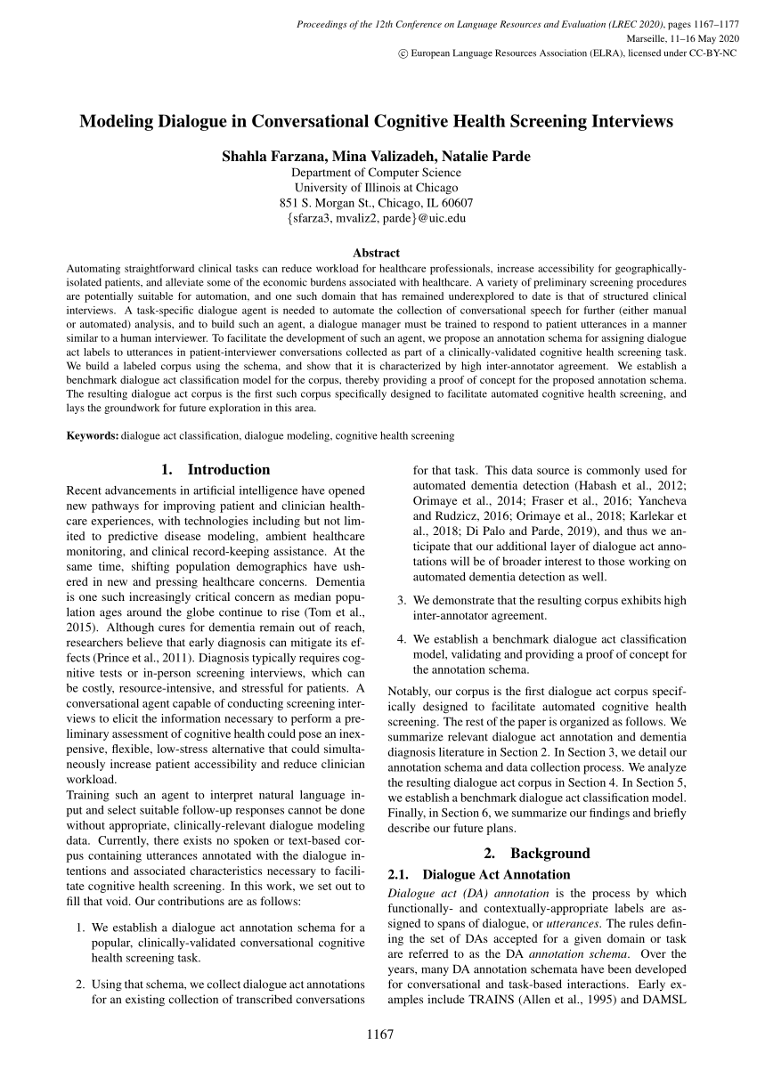 PDF) Modeling Dialogue in Conversational Cognitive Health Screening  Interviews