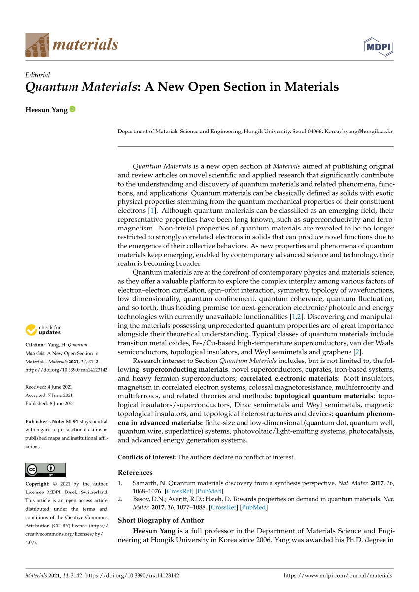 (PDF) Quantum Materials A New Open Section in Materials