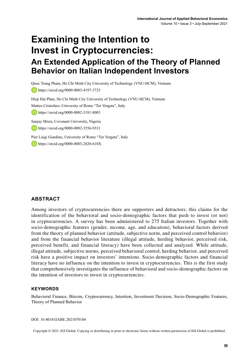 PDF) Examining the Intention to Invest in Cryptocurrencies: An Extended  Application of the Theory of Planned Behavior on Italian Independent  Investors