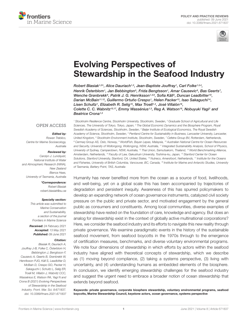 PDF) Evolving Perspectives of Stewardship in the Seafood Industry