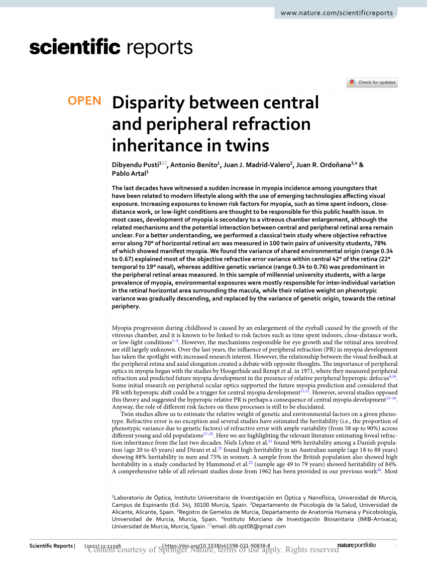 Pdf Disparity Between Central And Peripheral Refraction Inheritance In Twins