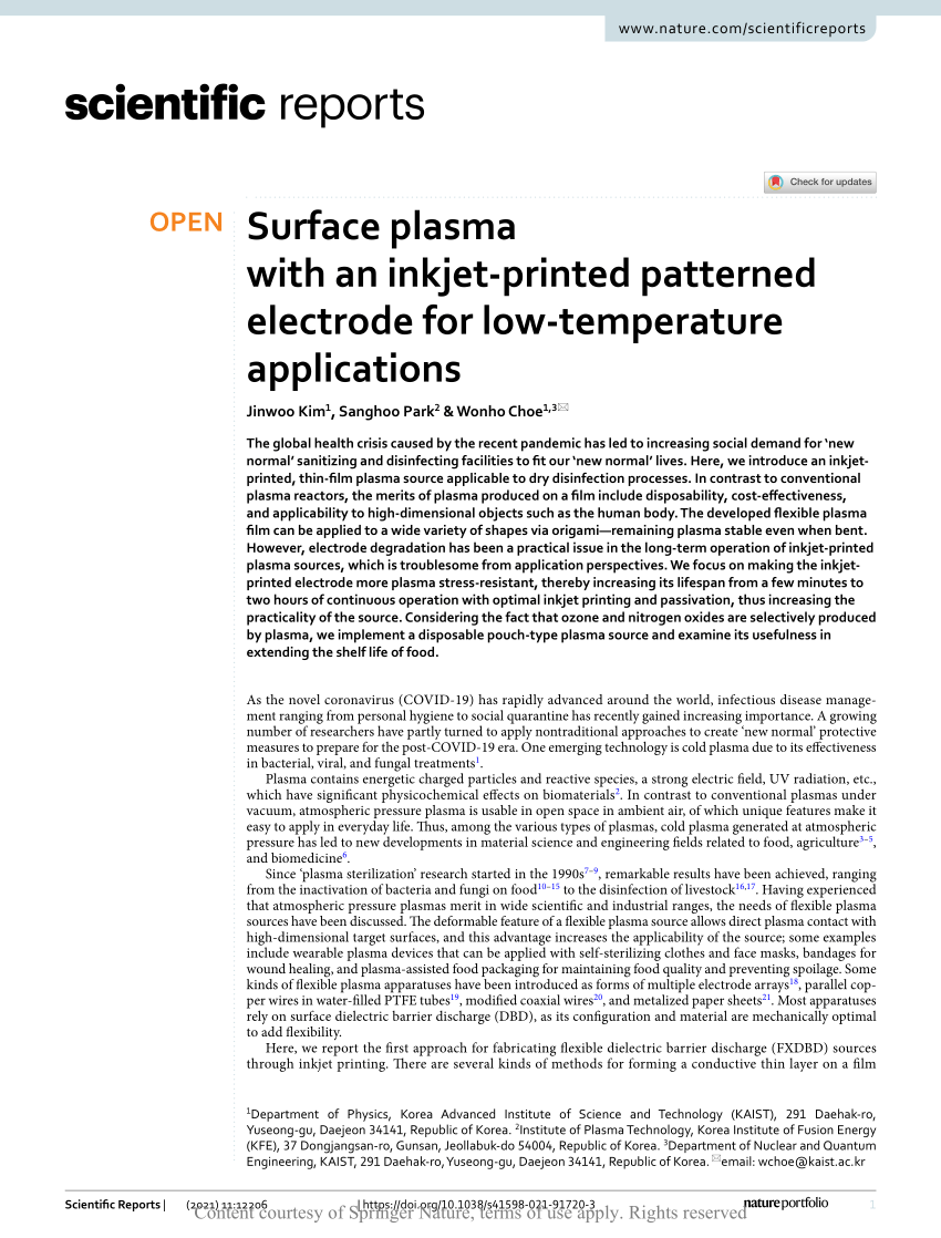 PDF) Surface plasma with an inkjet-printed patterned electrode for