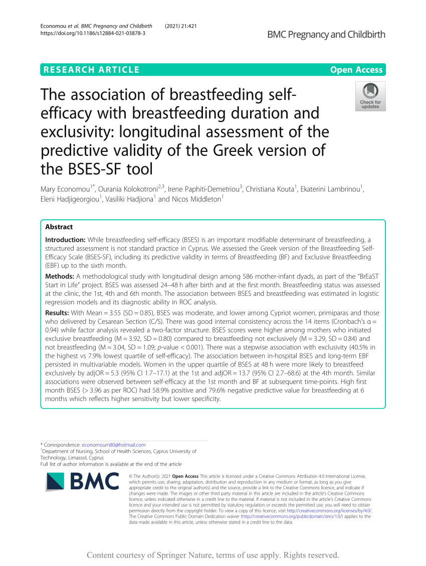 PDF) The association of breastfeeding self-efficacy with breastfeeding  duration and exclusivity: longitudinal assessment of the predictive  validity of the Greek version of the BSES-SF tool