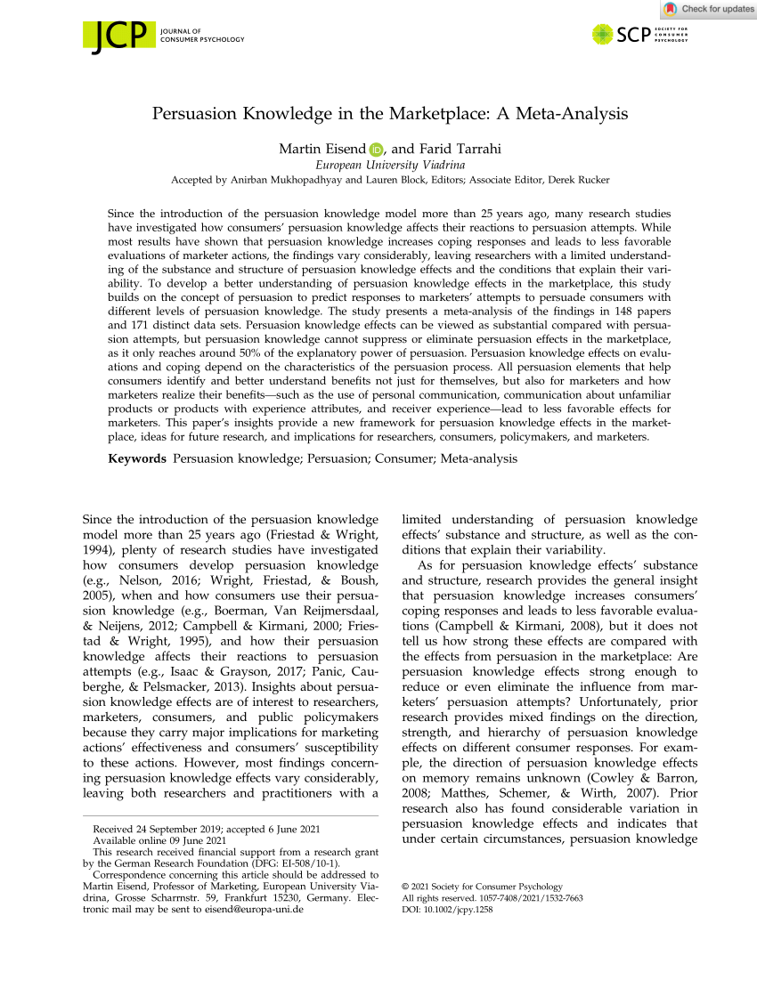 PDF) Persuasion Knowledge in the Marketplace: A Meta‐Analysis