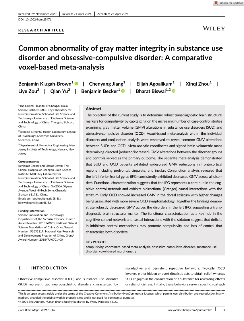 PDF) Common abnormality of gray matter integrity in substance use disorder and obsessive-compulsive disorder A comparative voxel-based meta-analysis picture
