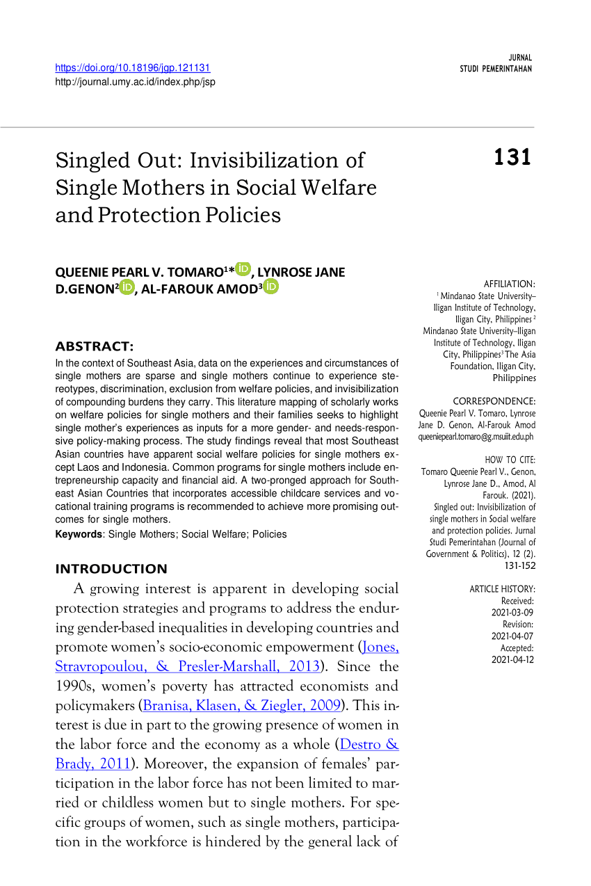 Pdf Singled Out Invisibilization Of Single Mothers In Social Welfare And Protection Policies