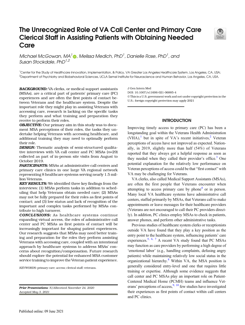 (PDF) The Unrecognized Role of VA Call Center and Primary Care Clerical