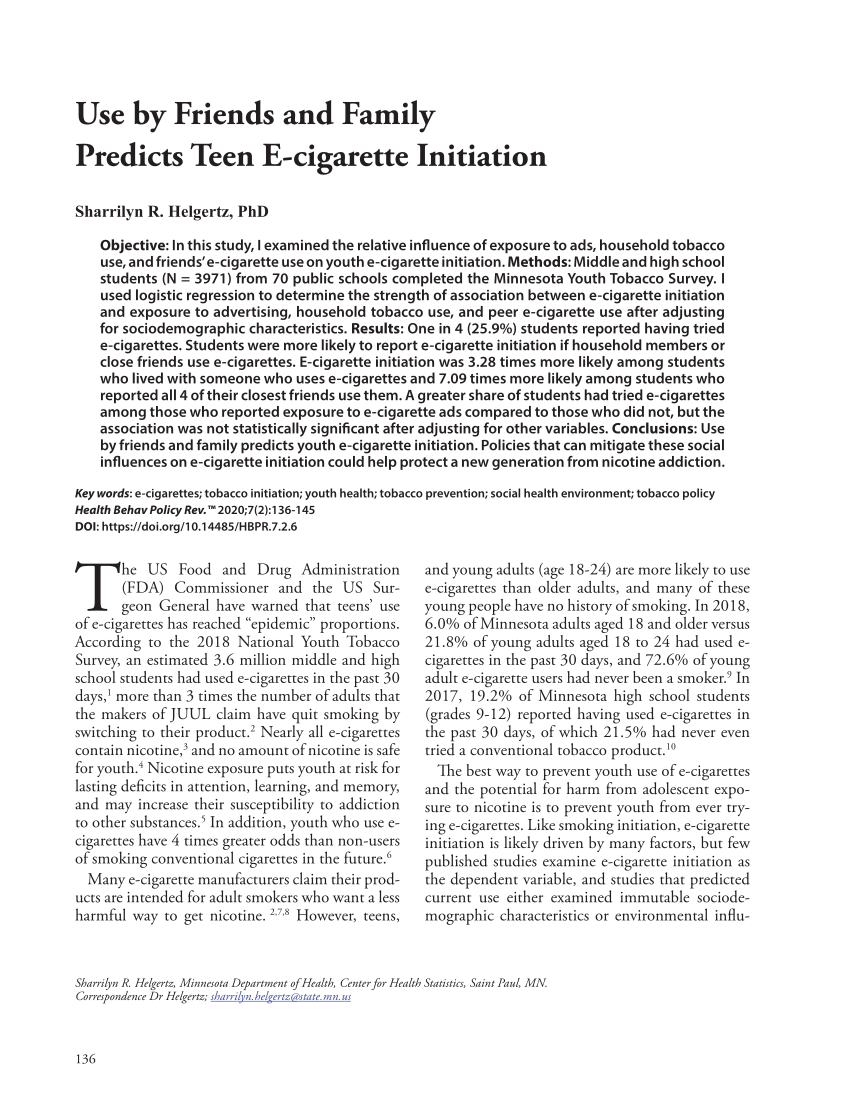 PDF Use by Friends and Family Predicts Teen E cigarette Initiation