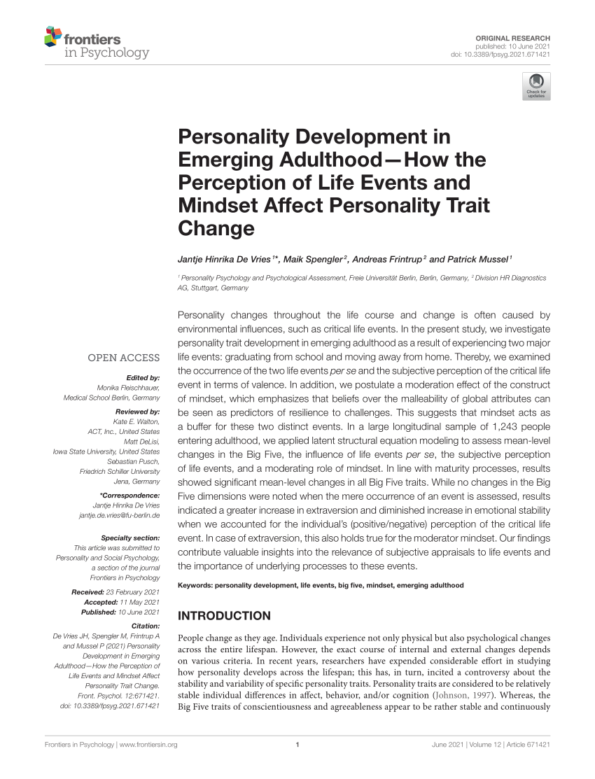 research on personality change in early adulthood suggests that