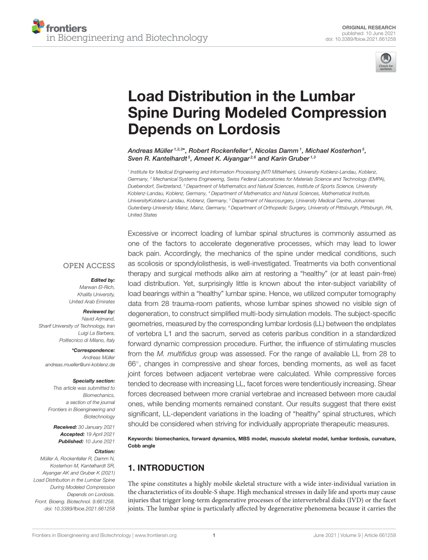 Frontiers  Load Distribution in the Lumbar Spine During Modeled  Compression Depends on Lordosis