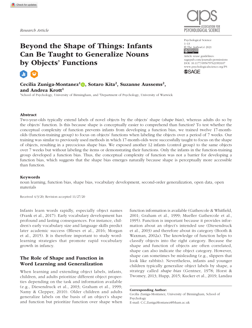 PDF) Beyond the Shape of Things: Infants Can Be Taught to Generalize Nouns  by Objects' Functions