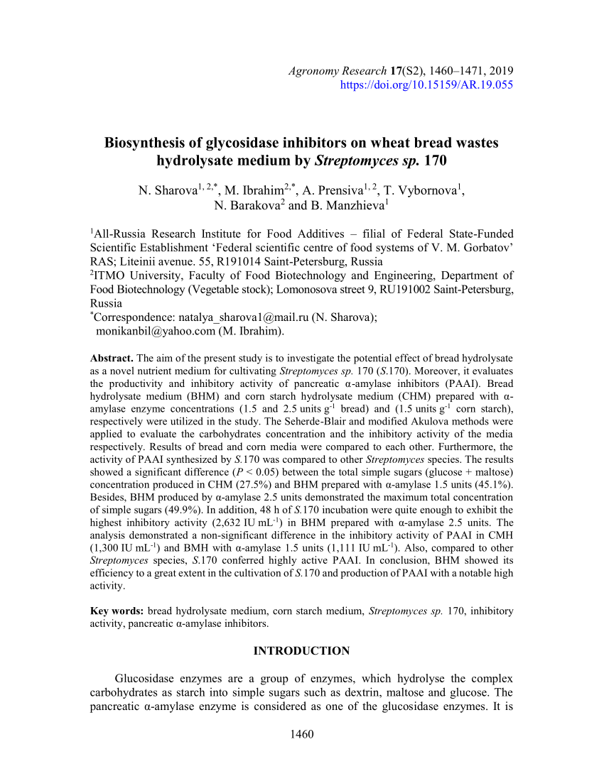 Pdf Biosynthesis Of Glycosidase Inhibitors On Wheat Bread Wastes Hydrolysate Medium By Streptomyces Sp 170