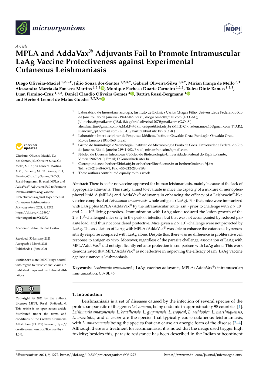 Pdf Mpla And Addavax Adjuvants Fail To Promote Intramuscular Laag Vaccine Protectiveness Against Experimental Cutaneous Leishmaniasis