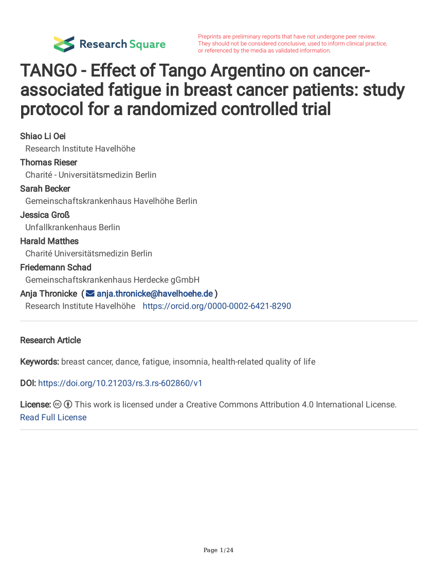 Gøre mit bedste Miljøvenlig sjækel PDF) TANGO - Effect of Tango Argentino on cancer-associated fatigue in  breast cancer patients: study protocol for a randomized controlled trial