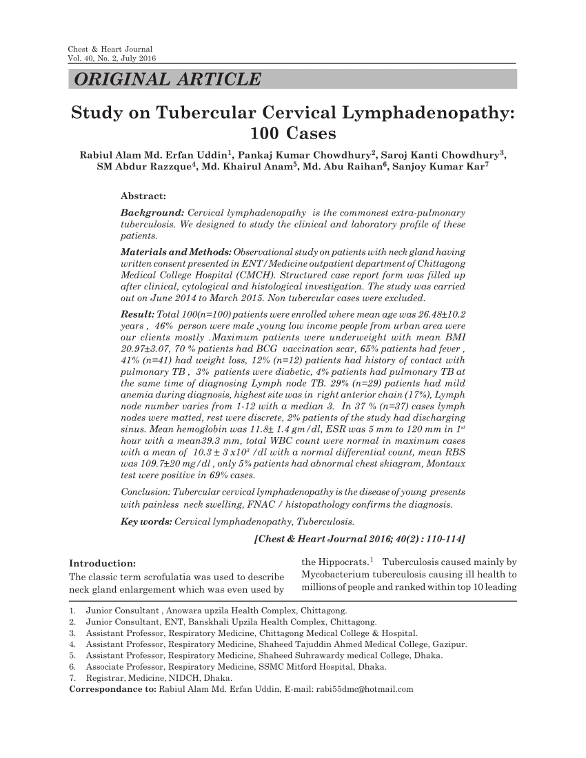Pdf Study On Tubercular Cervical Lymphadenopathy