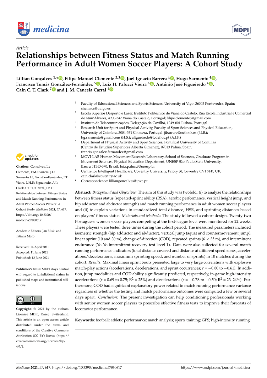 PDF) Relationships between Fitness Status and Match Running Performance in Adult Women Soccer Players A Cohort Study