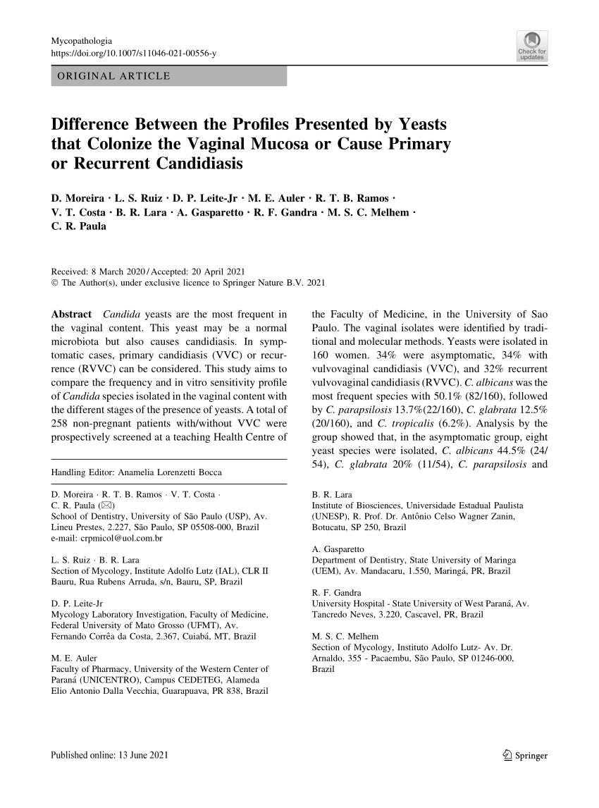 Pdf Difference Between The Profiles Presented By Yeasts That Colonize The Vaginal Mucosa Or Cause Primary Or Recurrent Candidiasis