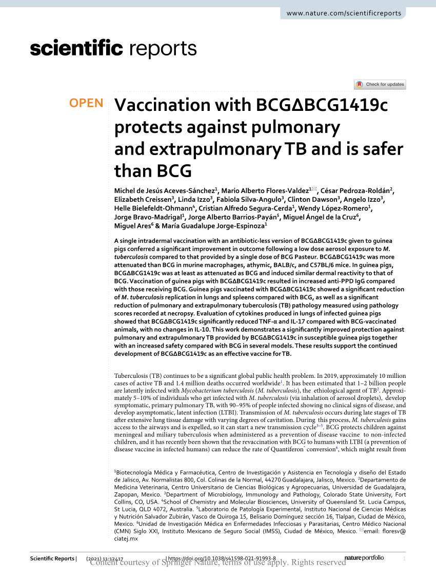 PDF) Vaccination with BCGΔBCG1419c protects against pulmonary and  extrapulmonary TB and is safer than BCG