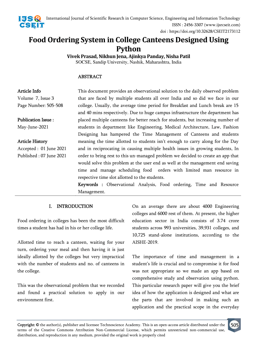 (PDF) Food Ordering System in College Canteens Designed Using Python