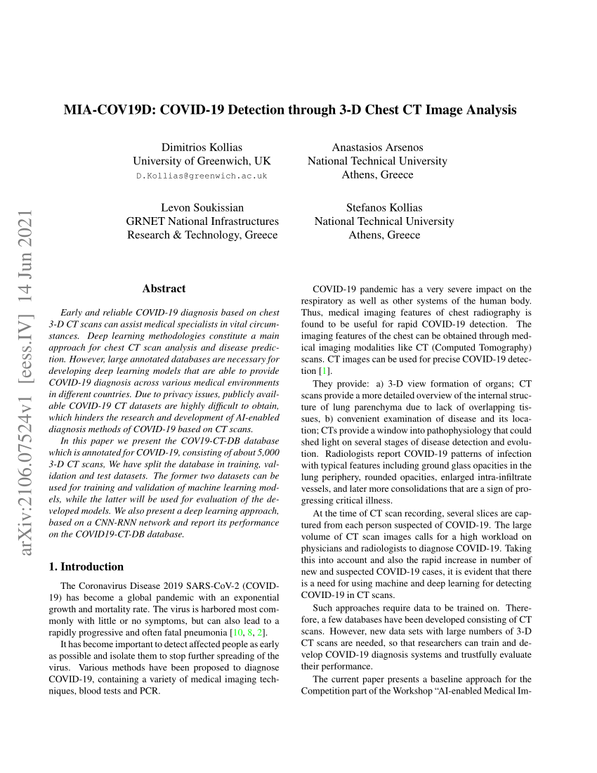 (PDF) MIACOV19D COVID19 Detection through 3D Chest CT Image Analysis