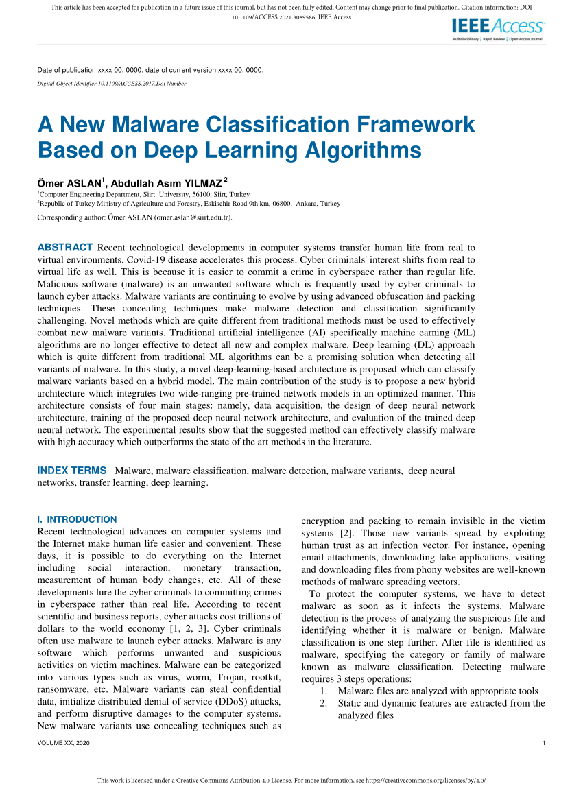 Pdf A New Malware Classification Framework Based On Deep Learning Algorithms 6742