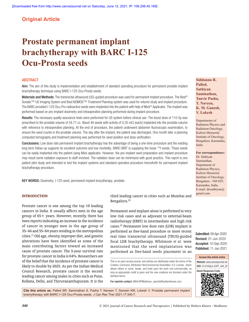 Pdf Prostate Permanent Implant Brachytherapy With Barc I‑125 Ocu‑prosta Seeds 1221