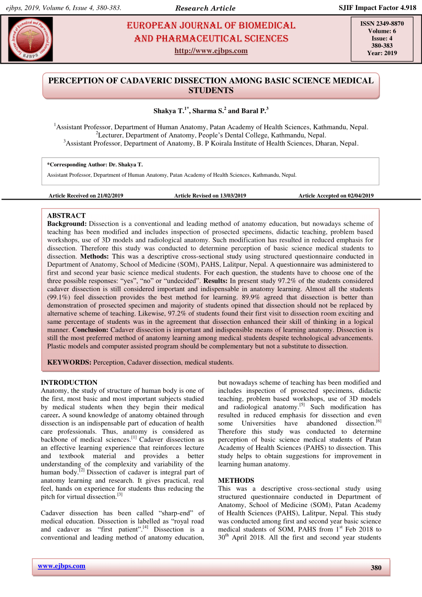 PDF PERCEPTION OF CADAVERIC DISSECTION AMONG BASIC SCIENCE MEDICAL   Largepreview 