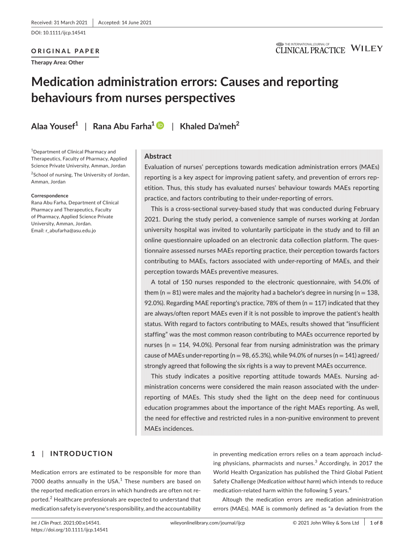 Pdf Medication Administration Errors Causes And Reporting Behaviors From Nurses Perspectives 7442