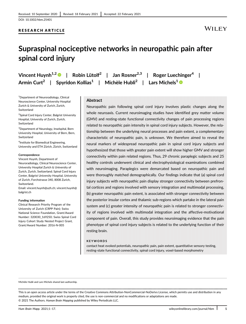 PDF) Supraspinal networks in neuropathic pain after spinal cord injury