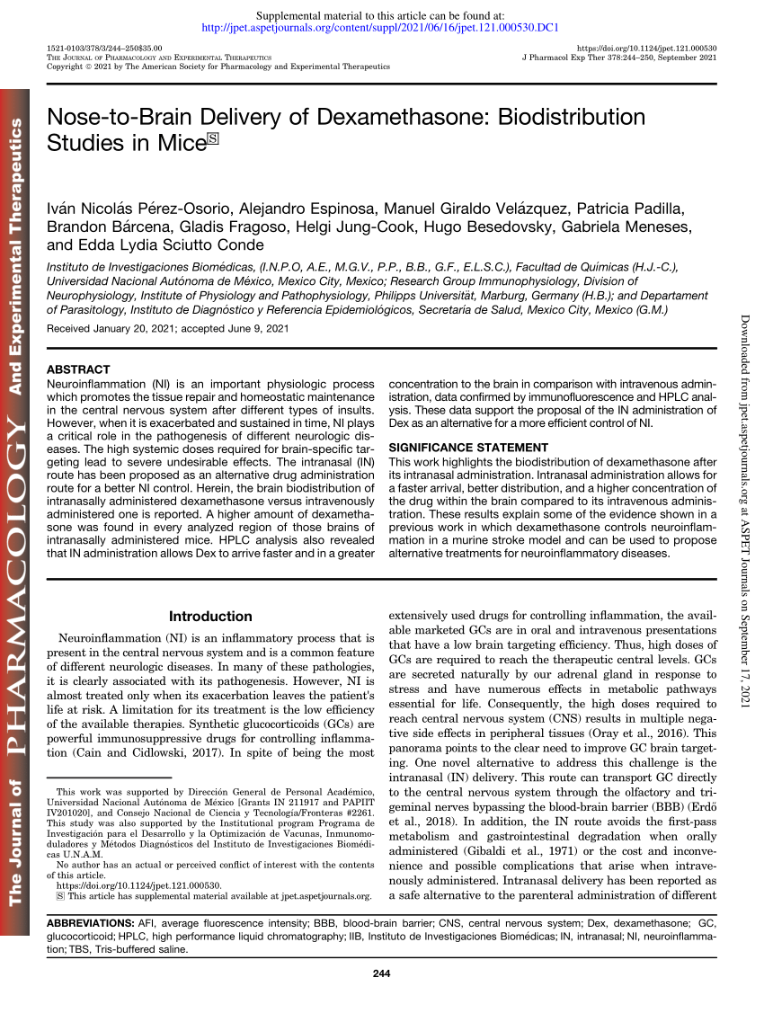 PDF) Nose-to-Brain Delivery of Dexamethasone: Biodistribution Studies in  Mice