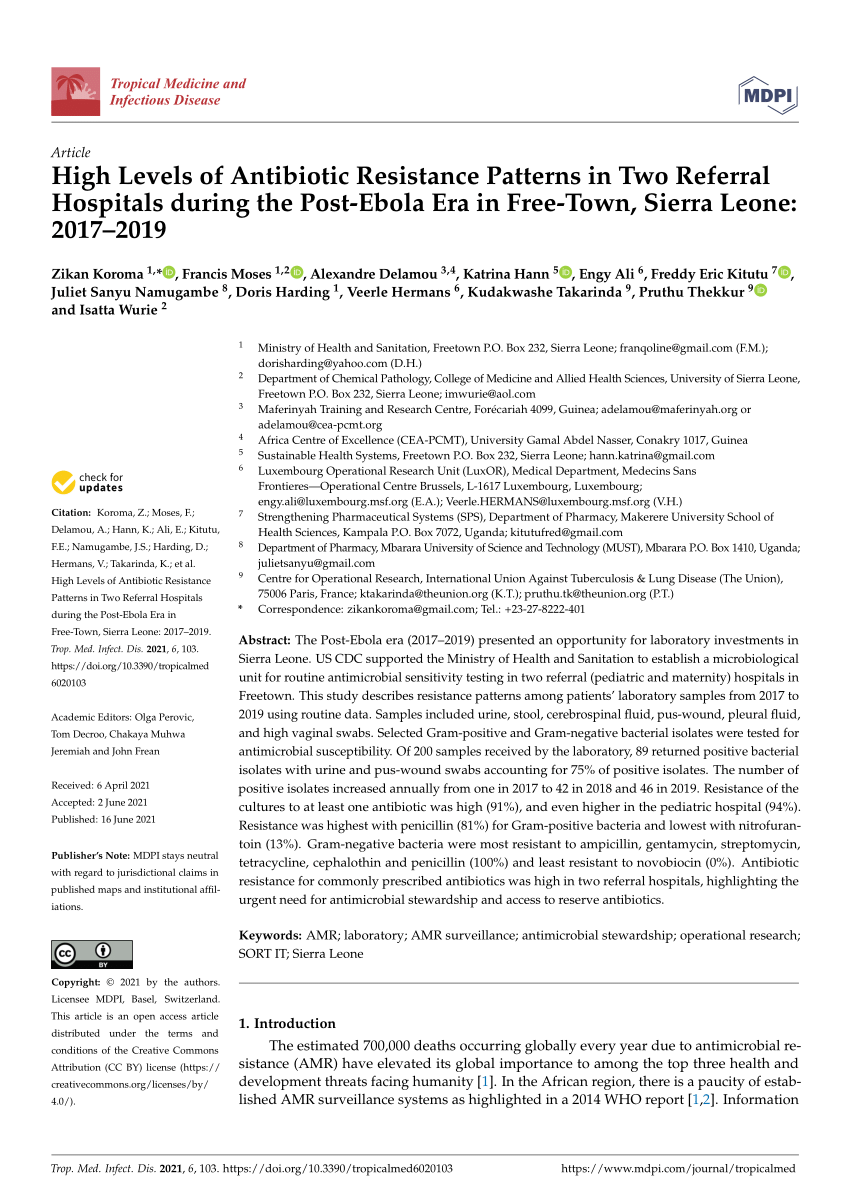 Pdf High Levels Of Antibiotic Resistance Patterns In Two Referral Hospitals During The Post Ebola Era In Free Town Sierra Leone 17 19