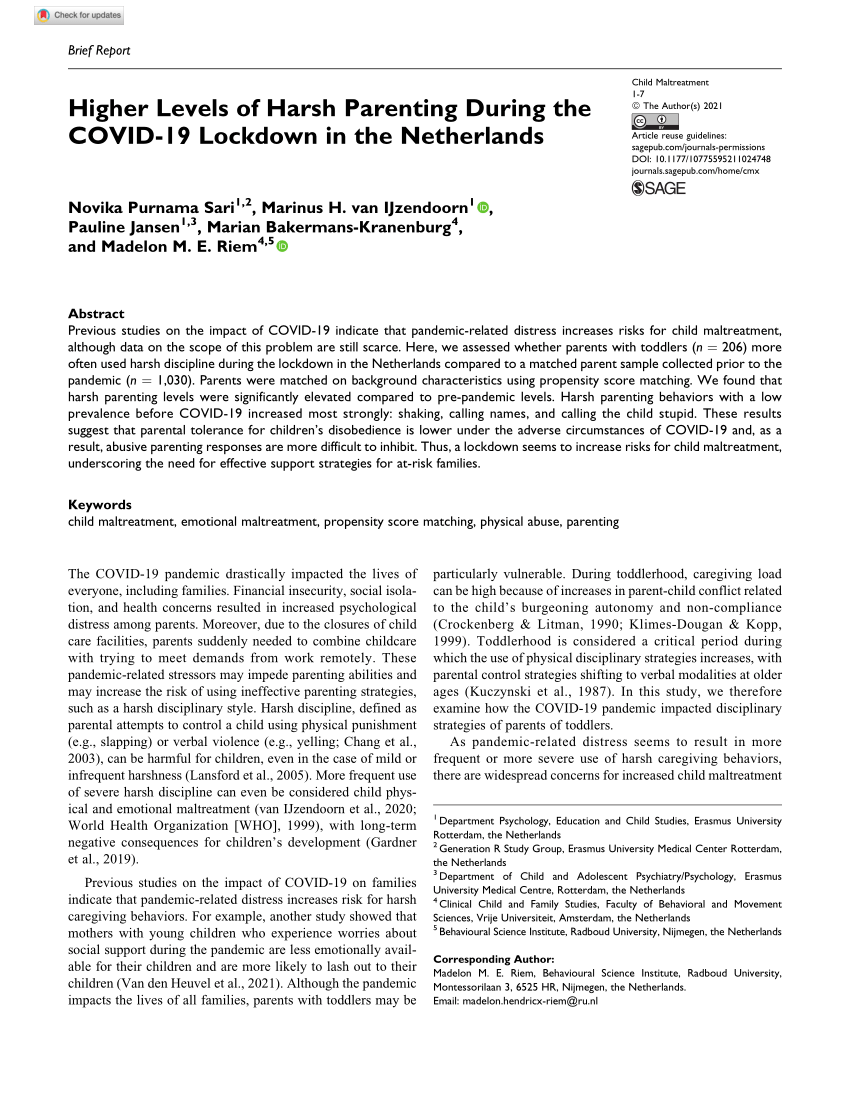 PDF) Higher Levels of Harsh Parenting During the COVID-19 Lockdown in the  Netherlands