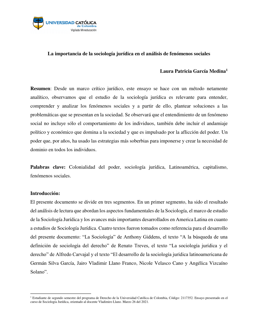 PDF) La importancia de la sociología jurídica en el análisis de fenómenos  sociales