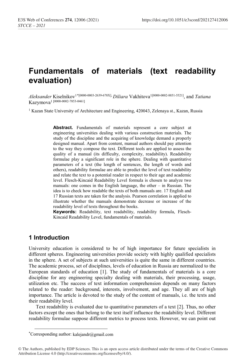 PDF Fundamentals of materials text readability evaluation