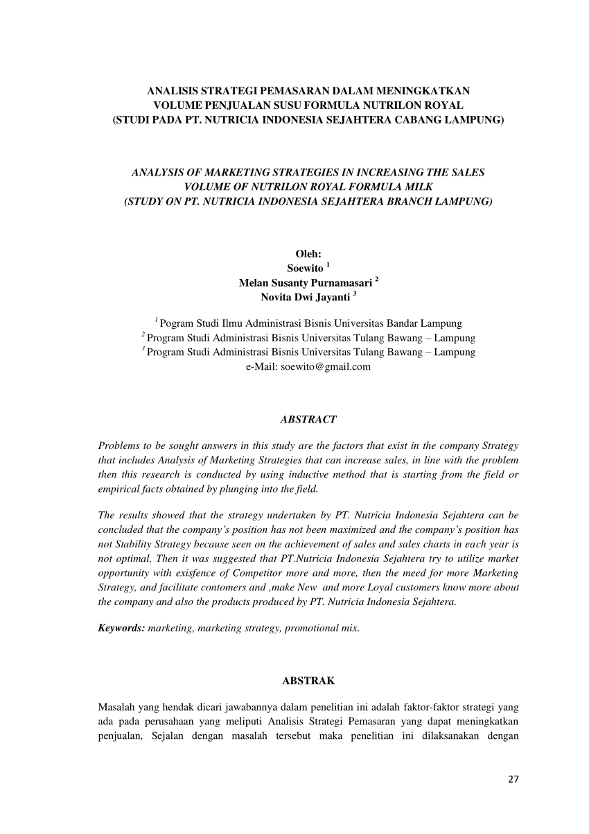 PDF ANALISIS STRATEGI PEMASARAN DALAM MENINGKATKAN VOLUME PENJUALAN SUSU FORMULA NUTRILON
